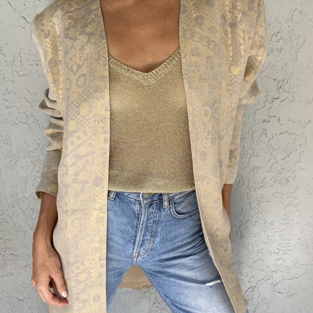 Vintage Tom Bowker metallic shimmery tan grey open blazer size 14